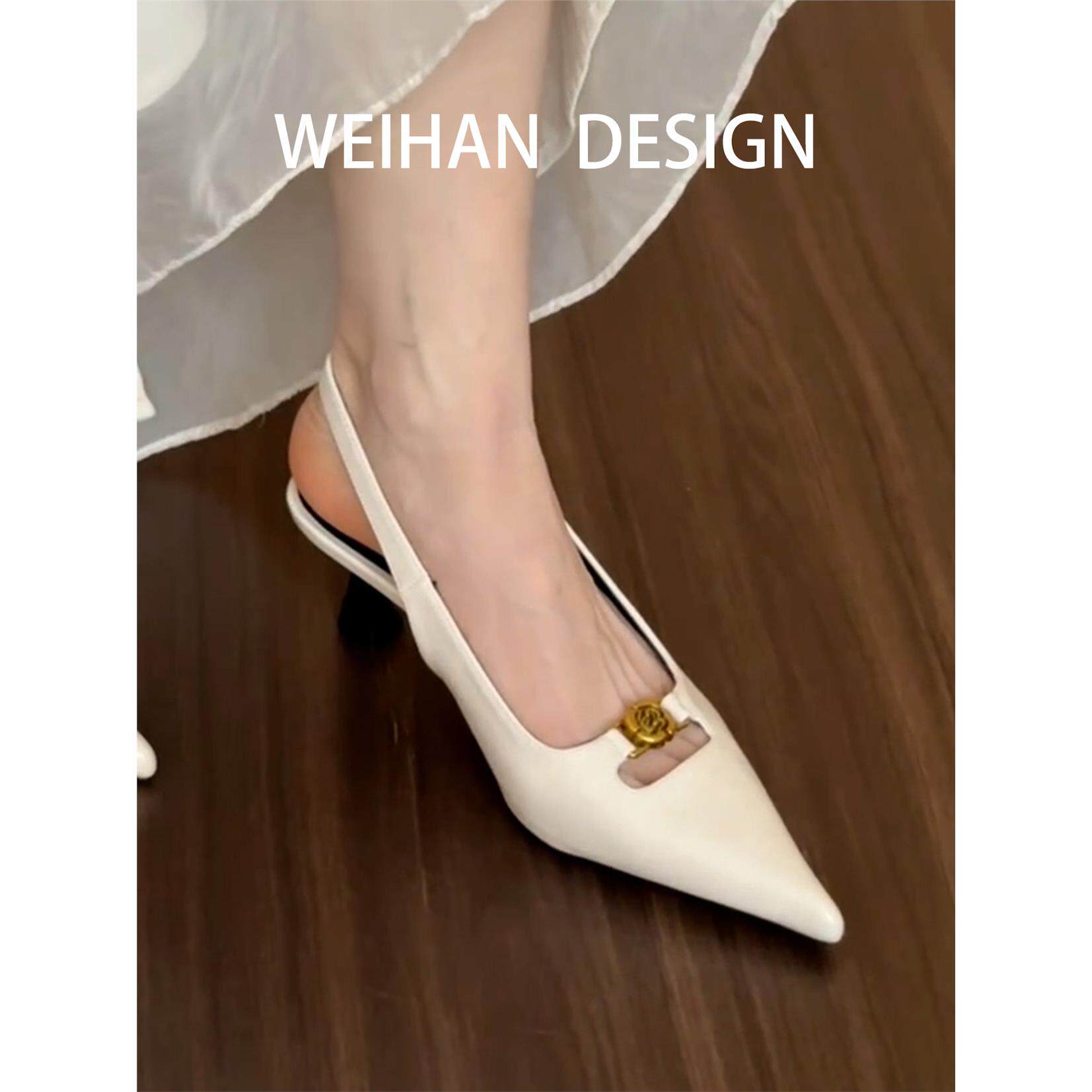 羊皮版！白色法式细跟包头凉鞋春夏仙女尖头单鞋外穿配裙子高跟鞋