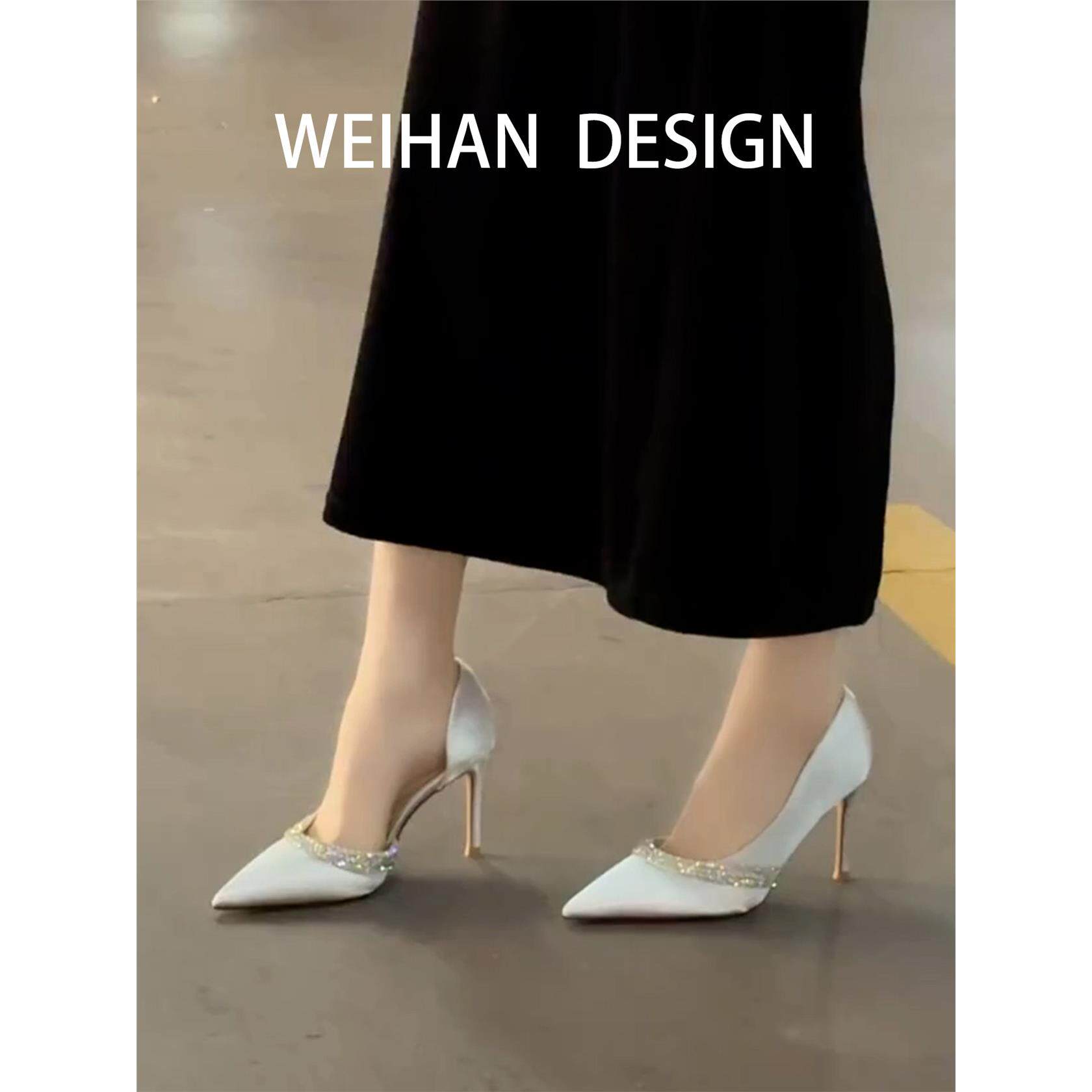 羊皮版！水钻侧空浅口尖头高跟鞋名媛风缎面细跟单鞋法式银色婚鞋