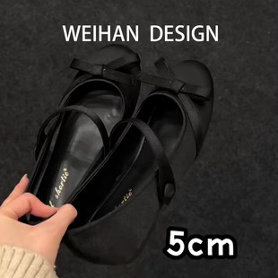 羊皮版！小香风绸缎圆头玛丽珍鞋女小个子内增高蝴蝶结芭蕾舞单鞋