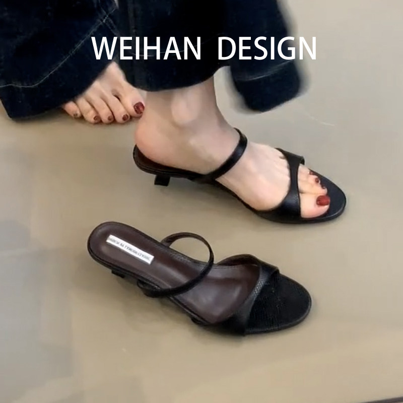 羊皮版！黑色简约细带低跟凉拖鞋鞋露趾夏外穿一脚蹬显瘦休闲一字