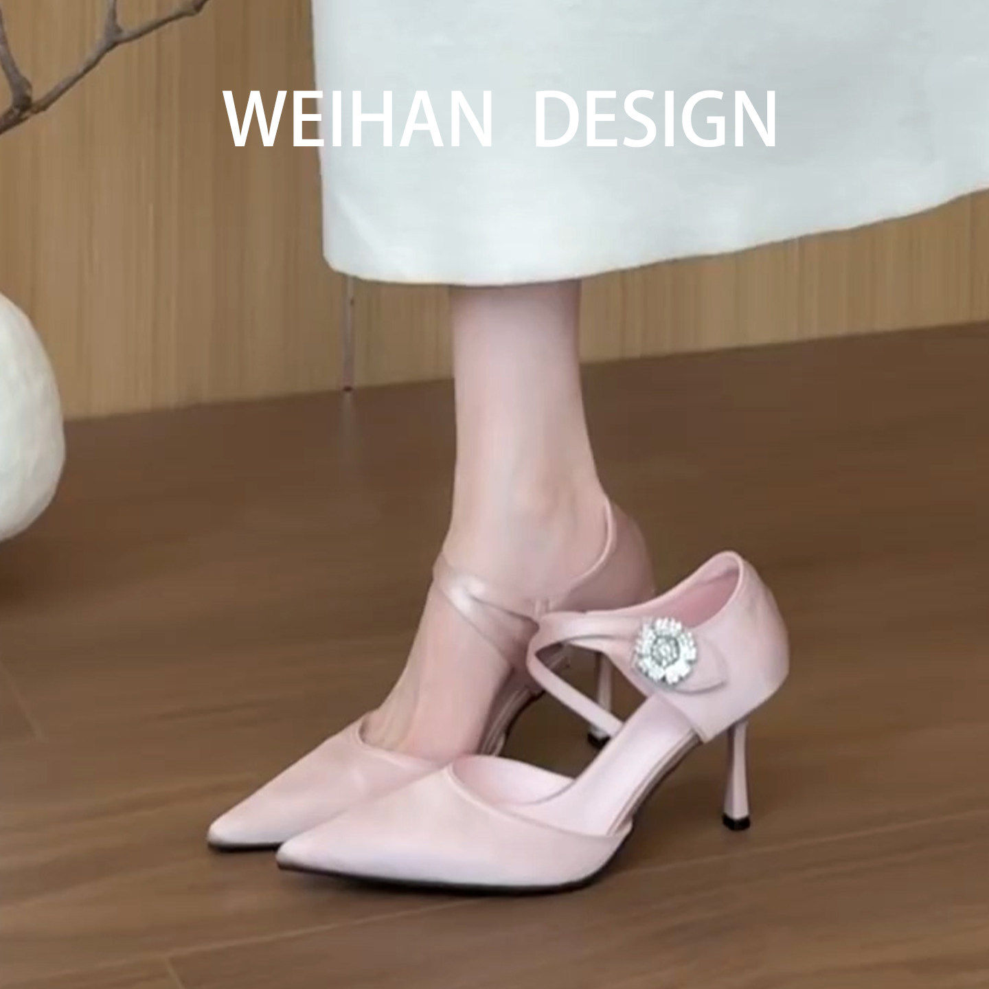 羊皮版！绝美尖头细跟高跟鞋女夏季款仙女风水钻一字带包头凉鞋