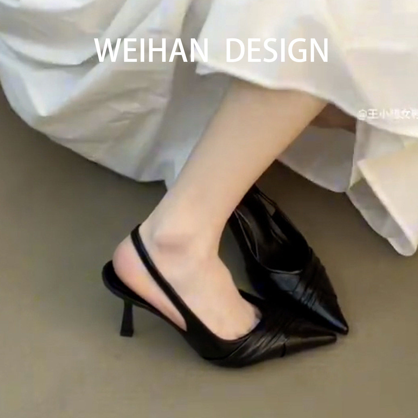 羊皮版！高级感法式气质包头凉鞋黑色浅口细跟高跟鞋后空尖头单鞋