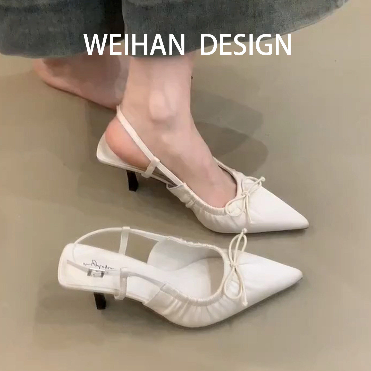 羊皮版！法式简约风气质高跟鞋女尖头一脚蹬单鞋蝴蝶结后绊带凉鞋