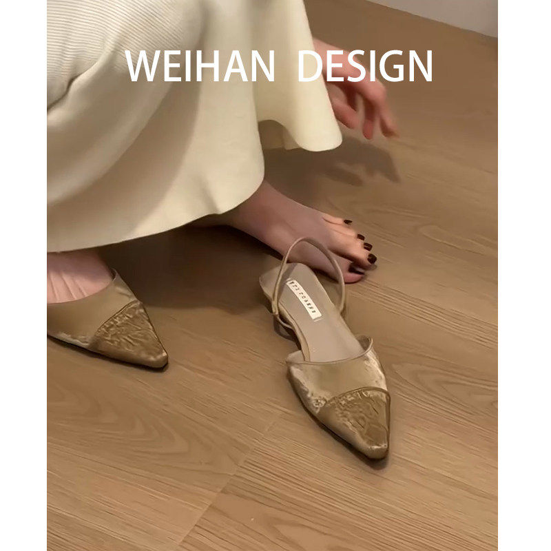 羊皮版！法式缎面包头凉鞋女复古尖头拼接一字带后空低跟气质单鞋