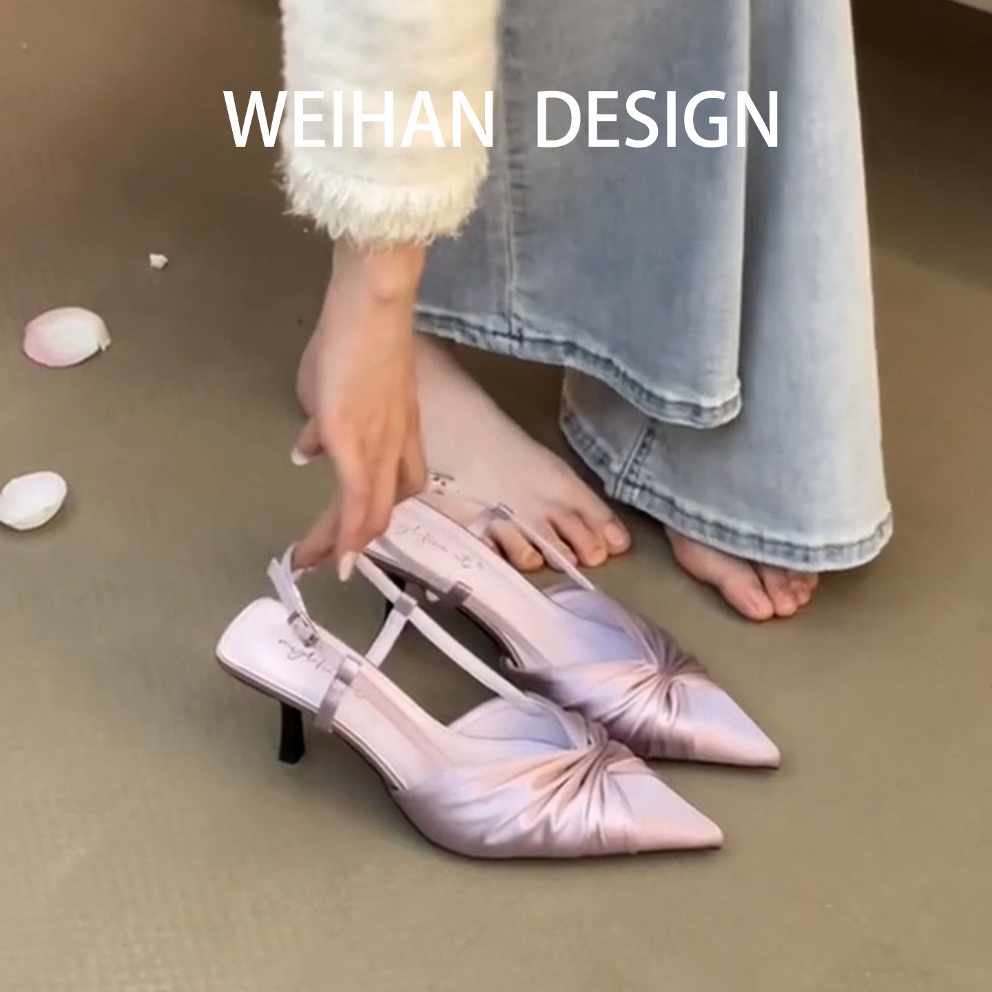 羊皮版！绝美气质后空尖头高跟鞋女仙女风配裙子百搭性感紫色凉鞋