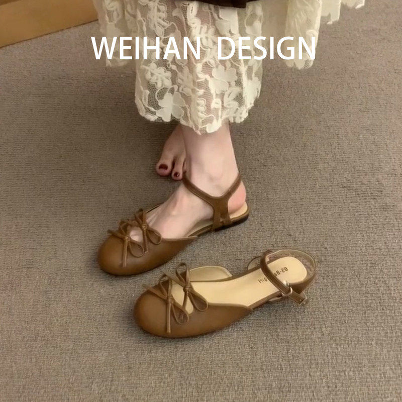 羊皮版！法式蝴蝶结包头凉鞋仙女风温柔平底配裙子玛丽珍鞋罗马鞋