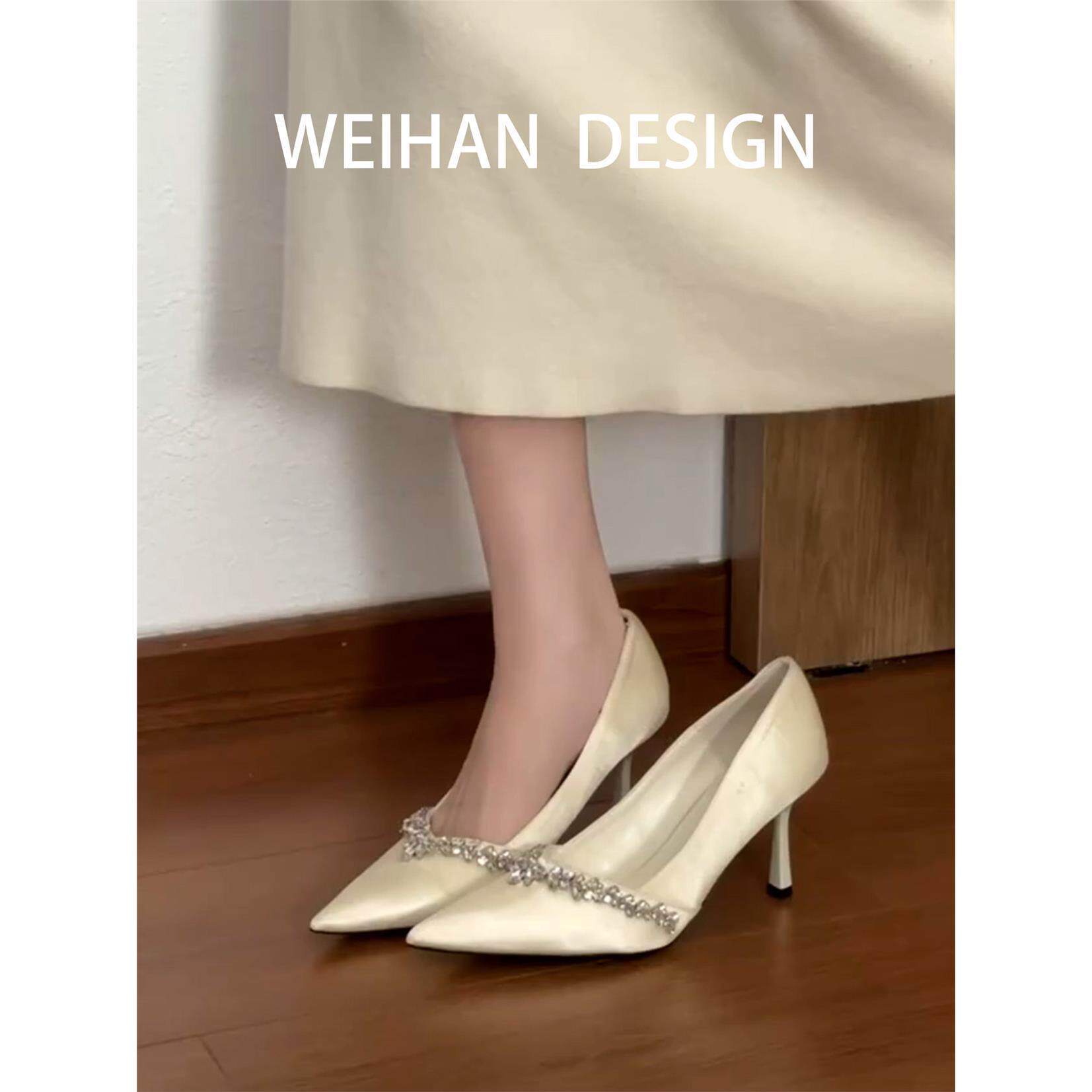 羊皮版！法式气质绸缎细跟高跟鞋女水钻尖头浅口单鞋绝美新娘婚鞋