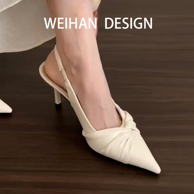 羊皮版！温柔小众设计感细跟凉鞋尖头气质褶皱後空高跟鞋春夏新款