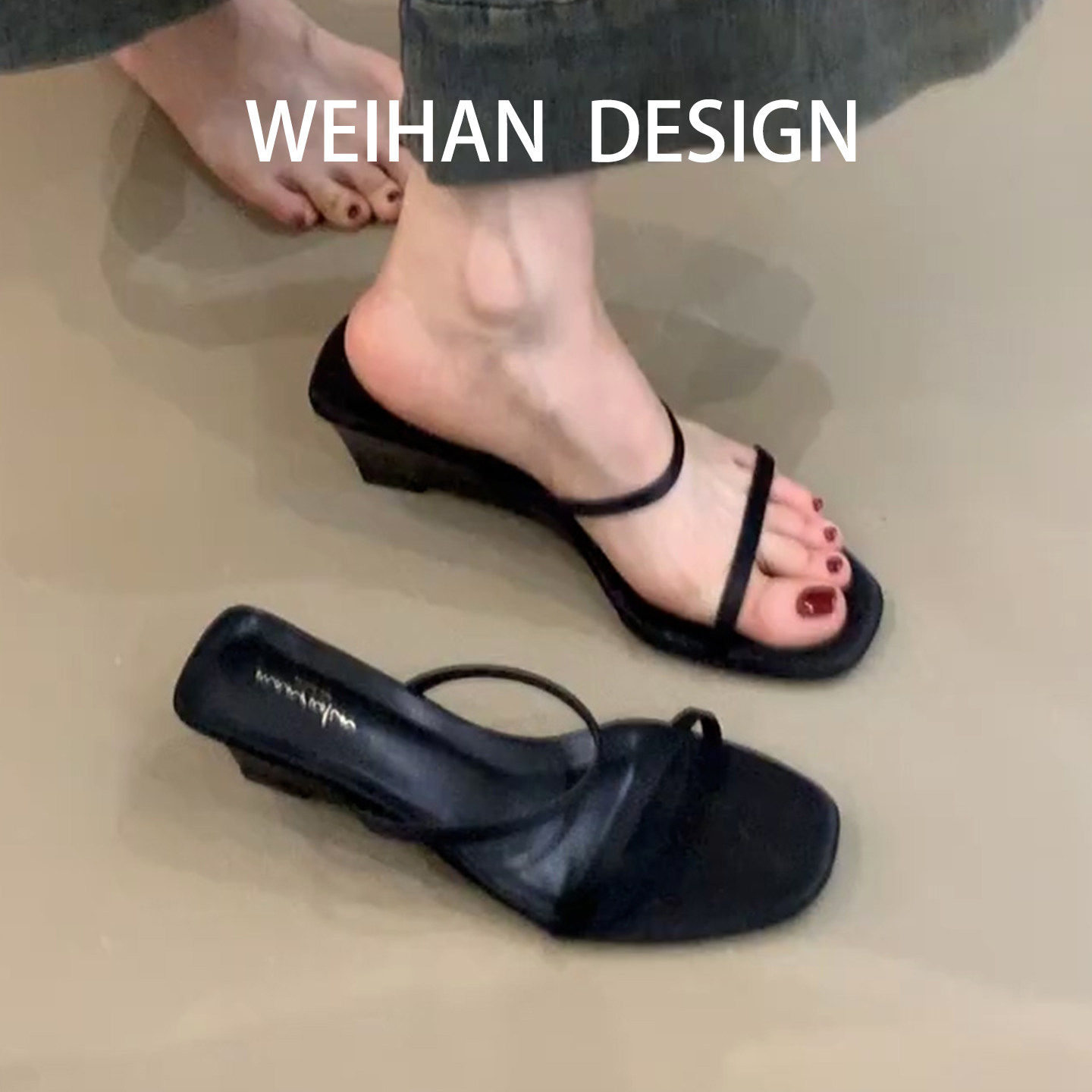 羊皮版！法式简约一字细带凉拖女懒人一脚蹬方头露趾坡跟高跟凉鞋