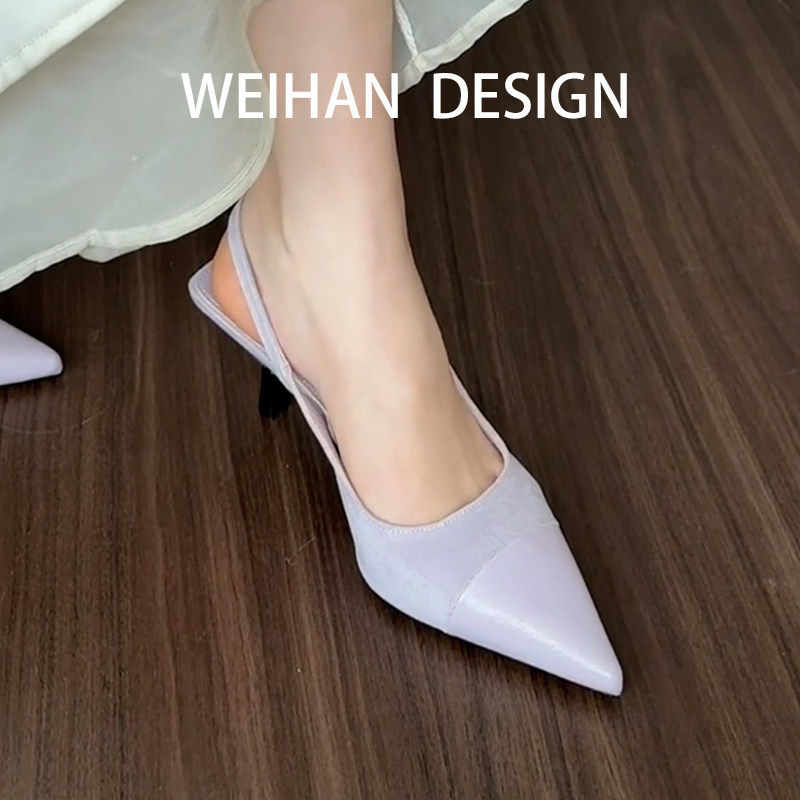 羊皮版！仙女风细跟后绊带浅口凉鞋女配裙子尖头气质不累脚高跟鞋