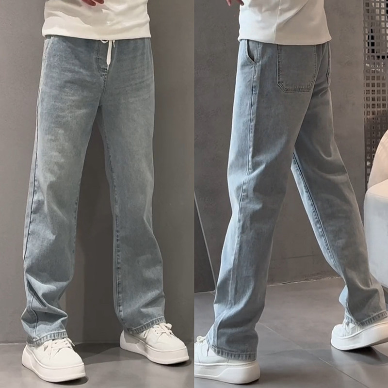 秋季新款美式高街微阔直筒浅蓝色牛仔裤男士潮流百搭简约休闲长裤