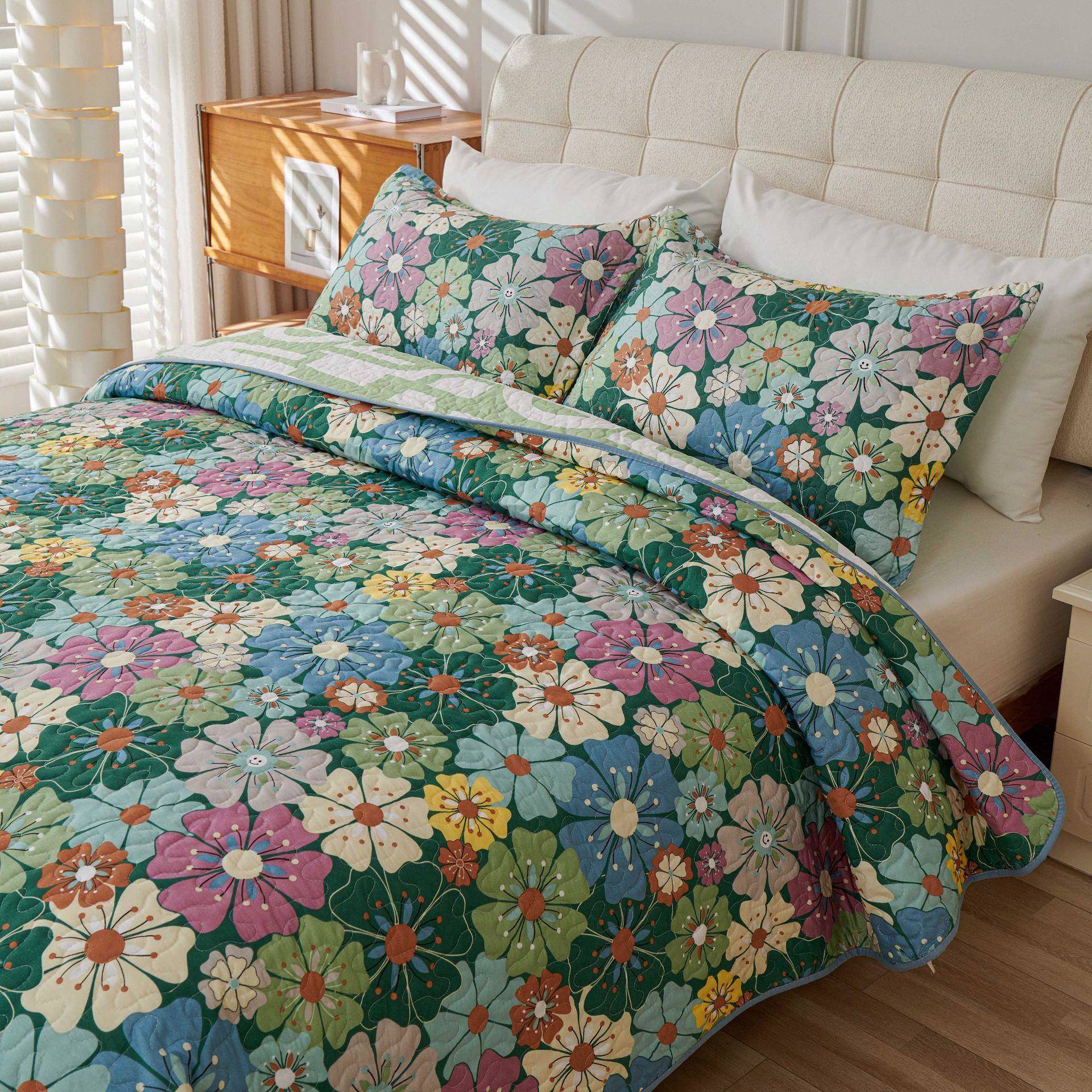 精选运绿色幸草WWY磨毛三件套夹棉柔厚加床盖软亲肤温暖四季