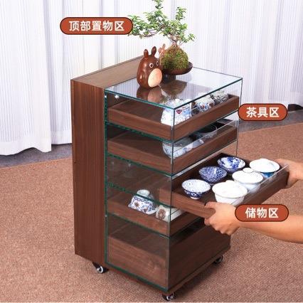 黑胡木茶桌具收纳移玻璃展示柜实木茶水柜桃SWE动茶边柜茶台置物