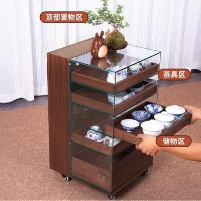 黑胡木茶桌具收纳移玻璃展示柜实木茶水柜桃SWE动茶边柜茶台置物