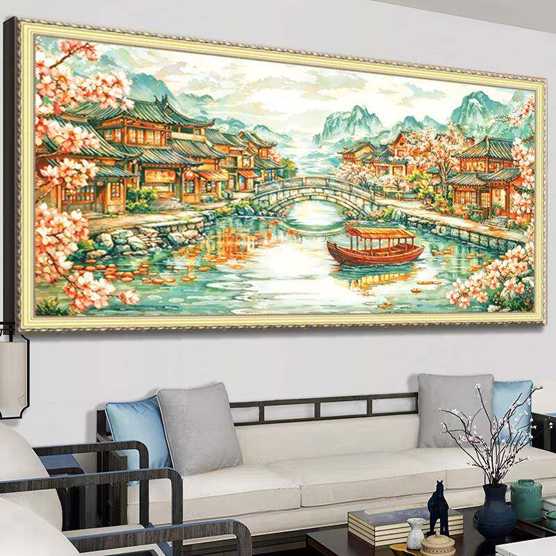 十字绣2025新款乡手工满绣S25077客厅横版中式典山古水画水镇古小