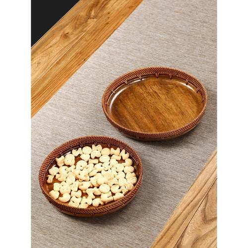 藤编胡实桃木茶点盘家用客厅桌点面F765MJ9T木水果篮干果盘心篮长