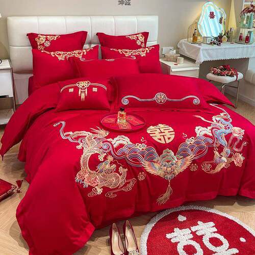 被中式龙凤结婚庆四件套大红色床I6ESsDq单套喜被婚工床上用品厂