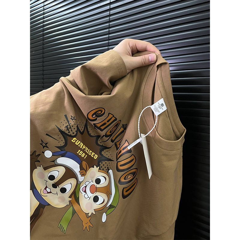 速发复式美古印花棕色T恤春夏20半4新款纯棉体恤宽松2袖上衣服