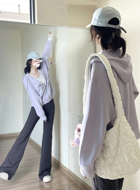 速发款个子宽松连帽外衣开衫上衣春2024新款慵懒风短小紫色卫套