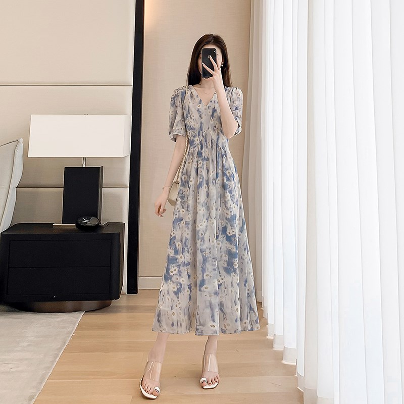 速发温柔裙碎风连衣花夏2024年新款中长款v领a字裙子