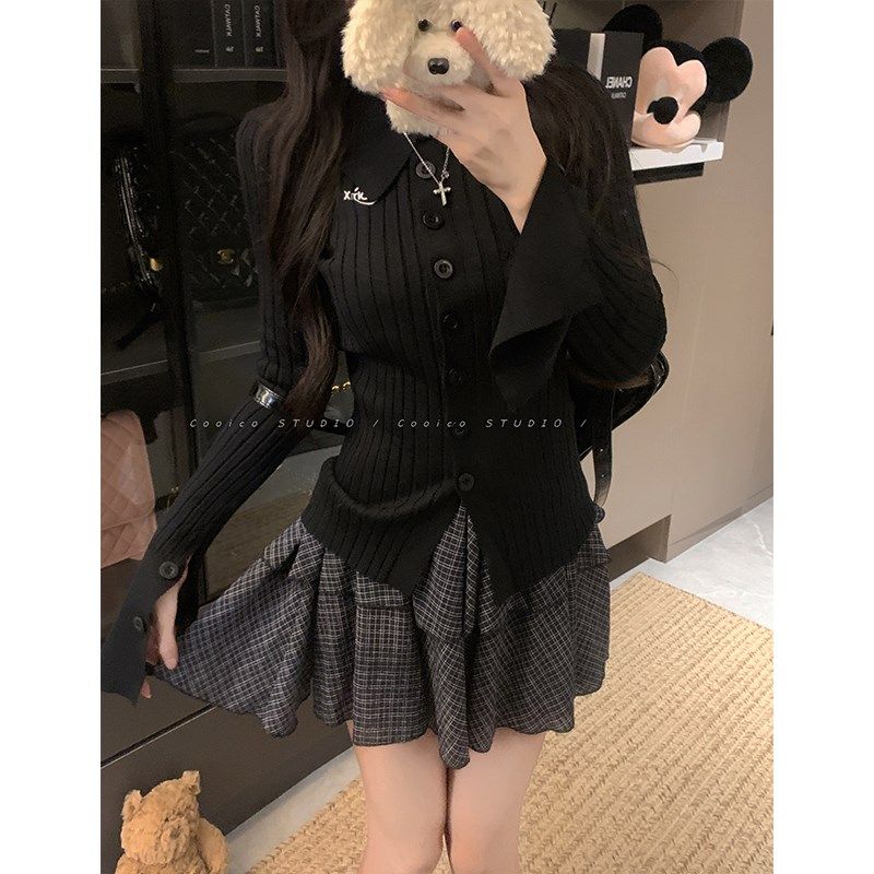 速发大码蛋织短衫百搭上衣+高腰格子A字针糕开裙套装,女装/女士精品,大码套装,淘宝优惠券,粉丝福利购,淘宝优惠卷