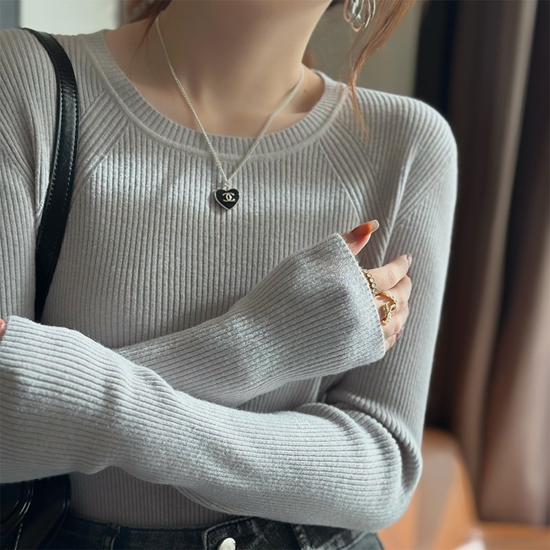 速发圆领打底衫织冬202新款爆款上袖针秋衫灰色长衣冬季内搭毛衣