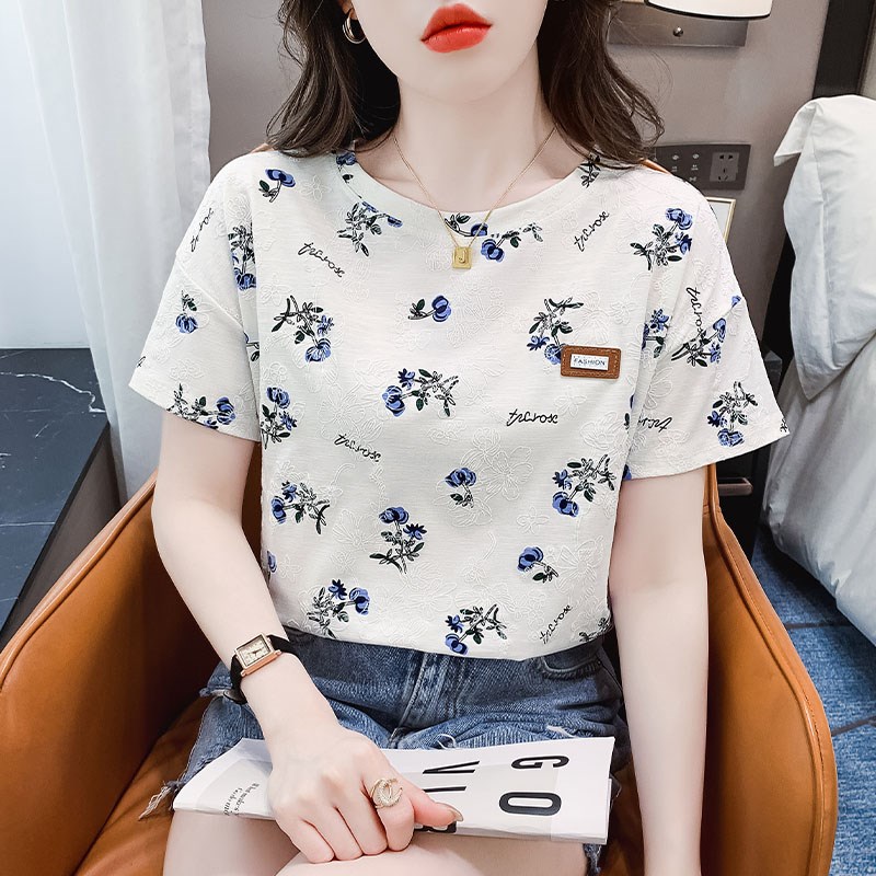 速发纯棉正肩t恤欧货上衣装025新款印花衣松2薄款宽服体恤衫