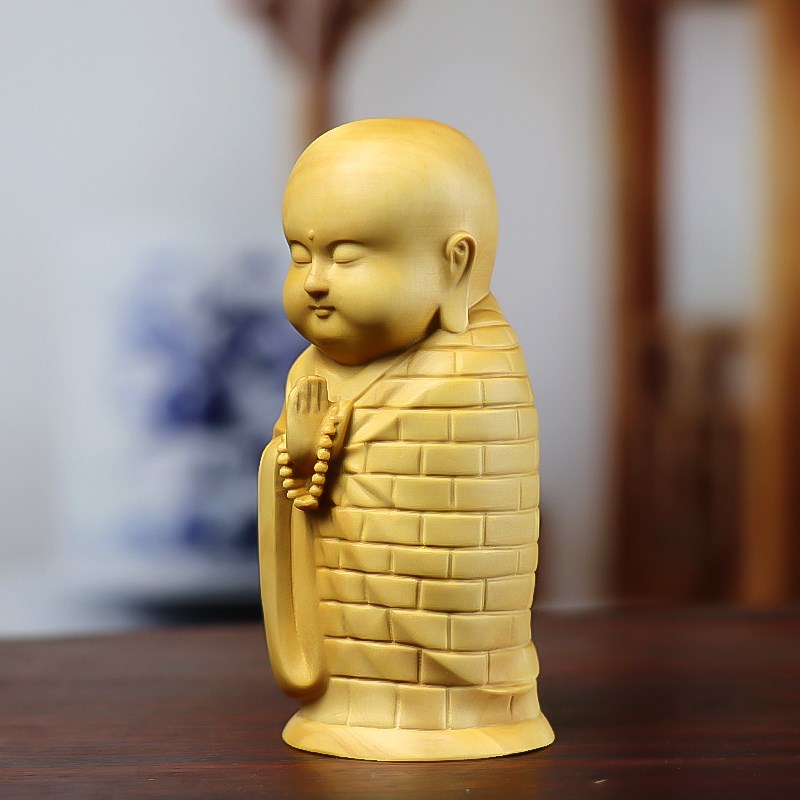 速发黄杨木雕摆件小和尚小沙弥禅意手把件中式家居客厅装饰品可爱