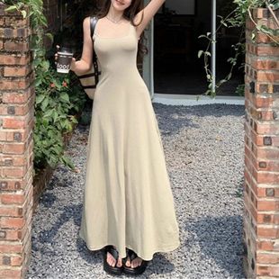 海边度假收腰长裙子内搭修身 宽肩带吊带连衣裙女春秋夏季 裙藏蓝色