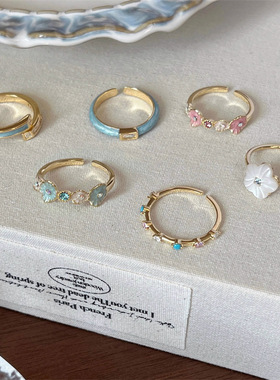 贝母蓝色珐琅戒指女2025新款食指戒轻奢小众独特高级感开口指环潮