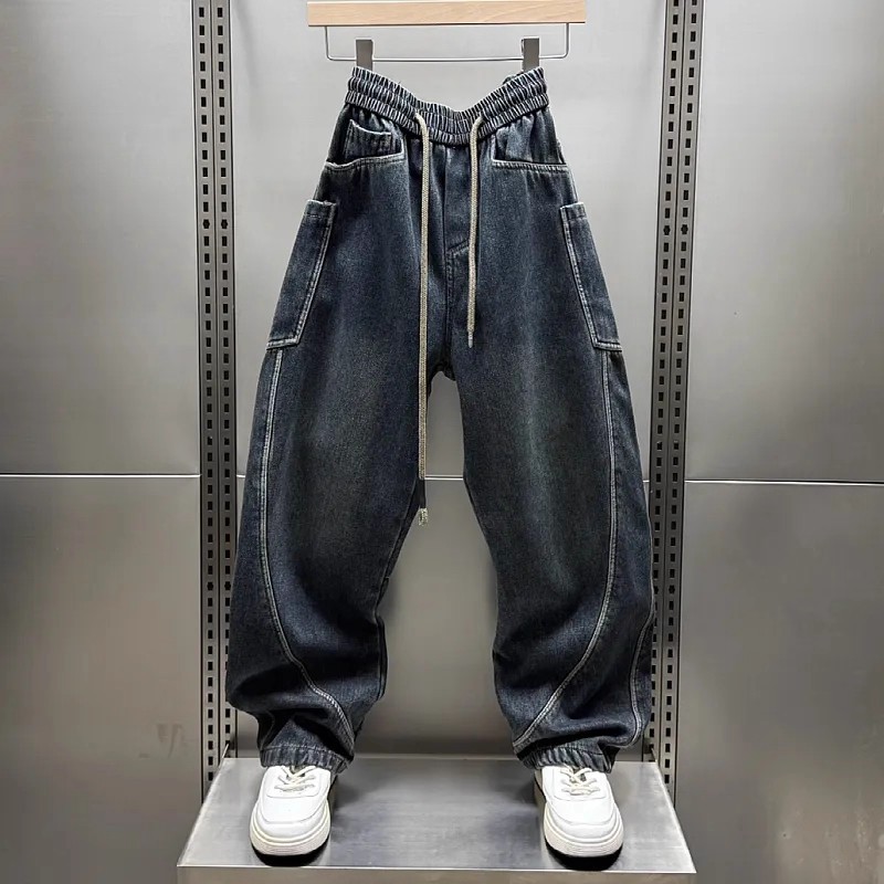 春夏新款拼接裁剪松紧腰大码牛仔裤男生水洗宽松阔腿大口袋弯刀