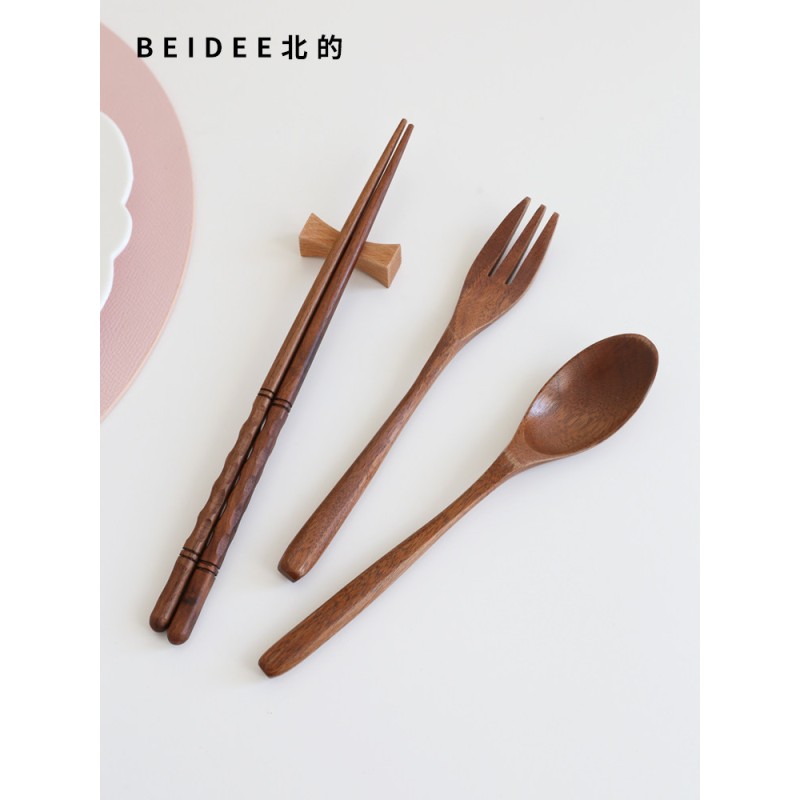 速发黑胡桃木筷子勺子叉子套装一人一筷 餐具木质筷子甜品勺叉三图片