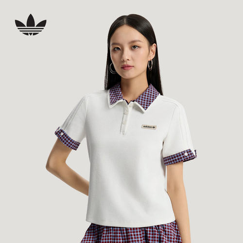adidas阿迪达斯三叶草格子呢短袖polo衫珠地布半袖T恤KU9397