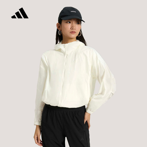 adidas阿迪达斯拒水凉感连帽户外跑步外套2026夏女梭织夹克KS2861