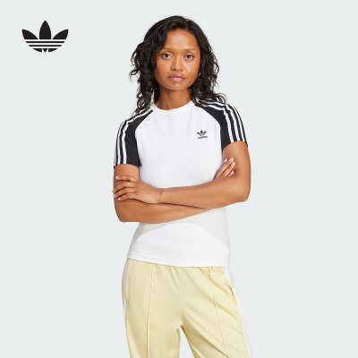adidas阿迪达斯三叶草撞色插肩半袖2025秋女修身短袖T恤 JD0834