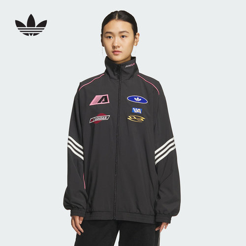 adidas阿迪达斯三叶草赛车风立领夹克秋女宽版梭织外套KG6676