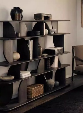 实木书架黑色落地侘寂博古架北欧书柜展示柜客厅多宝格屏风隔断