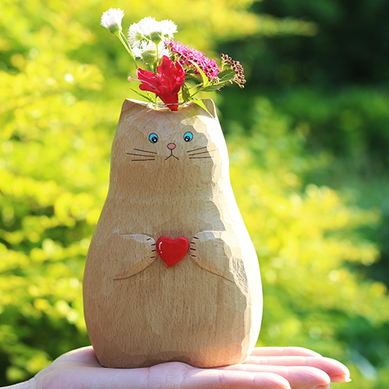 猫咪花瓶木雕原木风小摆件日系手作办公摆件结婚礼物
