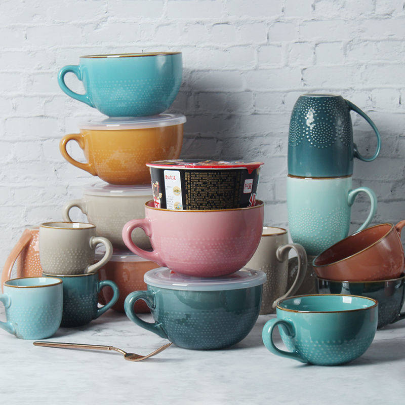 烤箱微波炉陶瓷家用食堂学生打饭早餐碗杯带盖燕麦杯马克杯子包邮