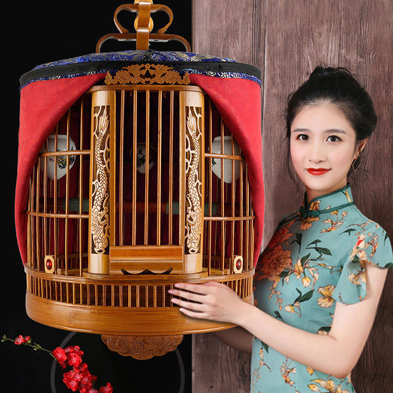 鸟笼子大号全套竹子圆笼竹笼艺隆老竹制八哥鹩哥鹦鹉画眉鸟笼