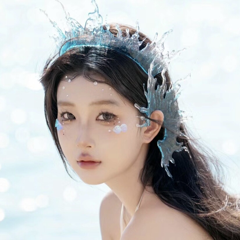 透明公主皇冠手工水晶超仙美眉心坠生日宴会王冠滴胶发冠鲛人耳挂