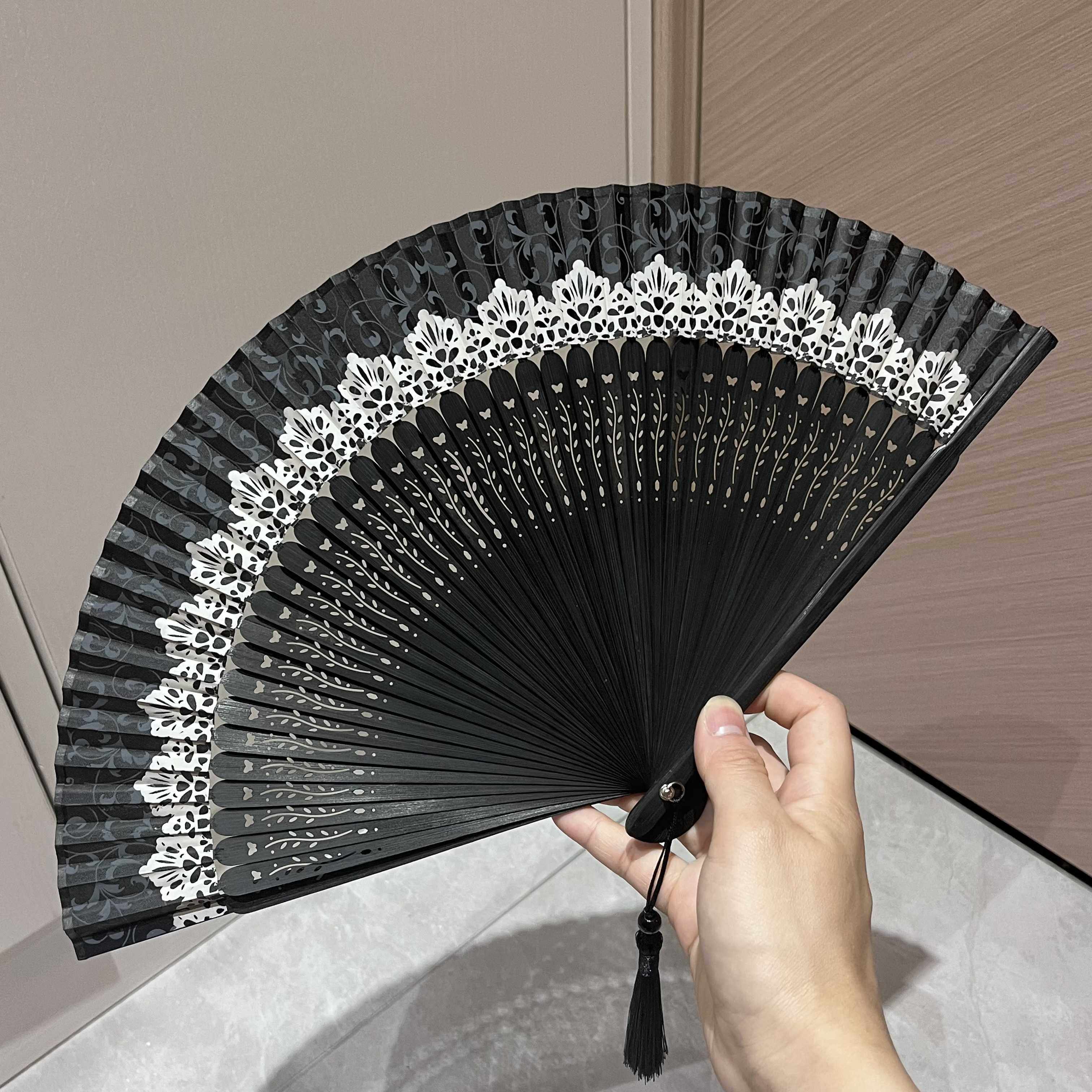 扇子折扇纸古风中国风蕾丝小巧黑色竹骨扇夏天女便携折旗袍扇子女