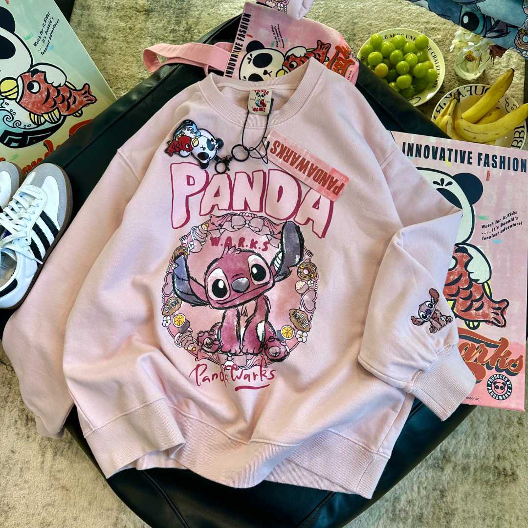 美美嘟 Pandawarks熊猫纸袋家可爱搞怪感印花宽松加绒卫衣女冬