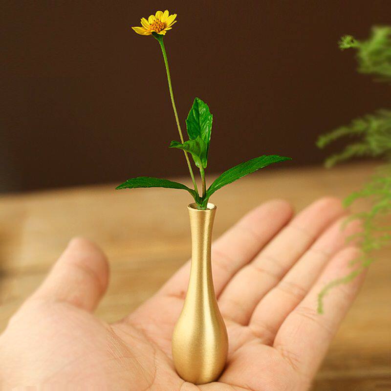 纯铜小花瓶 摆件茶道花插复古迷你花器干花创意摆设香道配件装饰