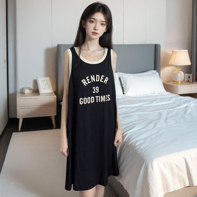 带胸垫无袖睡裙女春夏季莫代尔冰丝运动少女宽松背心连衣裙家居服