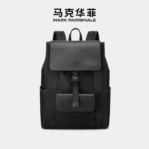 马克华菲休闲通勤牛皮织物双肩包