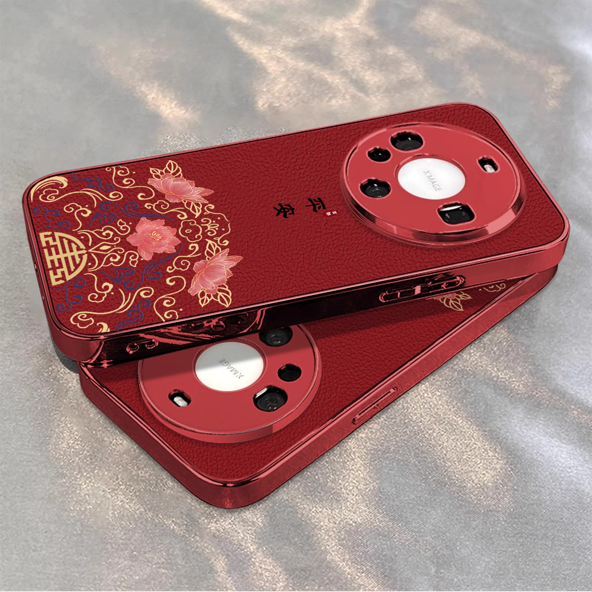 红莲花纹适用华为mate70pro手机壳复古mate60pro中国风新款mate50电镀小羊皮高级感男女款p60全包防摔m70保护