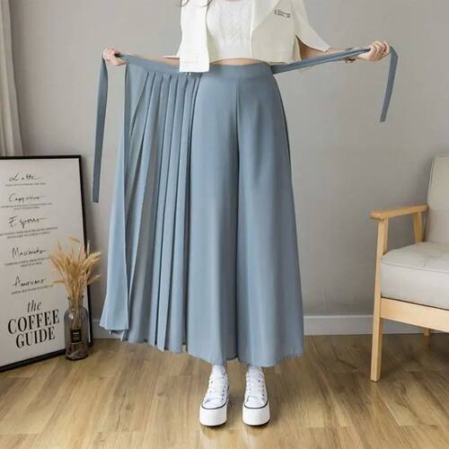 Elastic waist mid length pleated skirt纯色松紧腰中长百褶裤裙