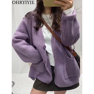 neck single breasted Solid cardigan纯色V领单排扣开衫 color