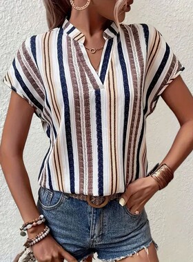 Printed V-neck batball sleeve shirt女士休闲印花V领蝙蝠袖衬衫